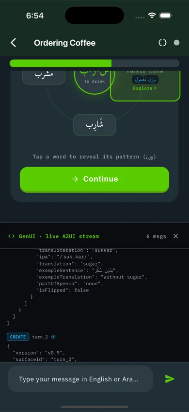 Kalaam live GenUI inspector showing the A2UI JSON stream from Gemini