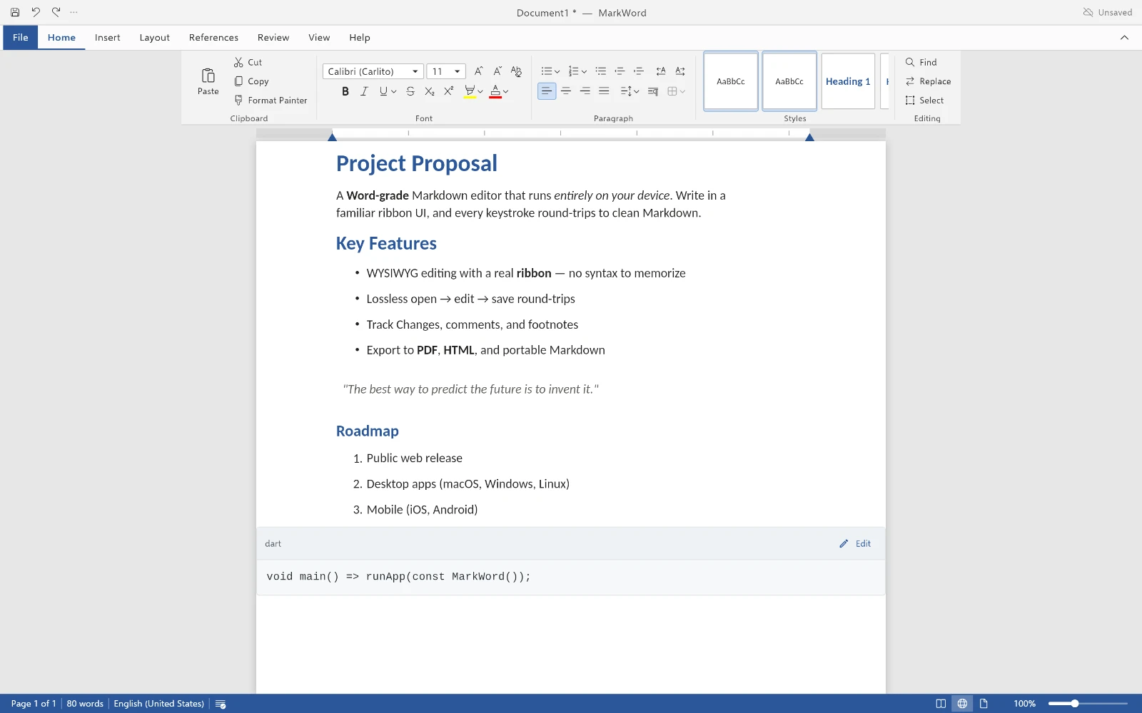 The MarkWord editor showing a formatted Project Proposal document with a Word-style ribbon: headings, bold text, bullet and numbered lists, a blockquote, and a rendered code block.