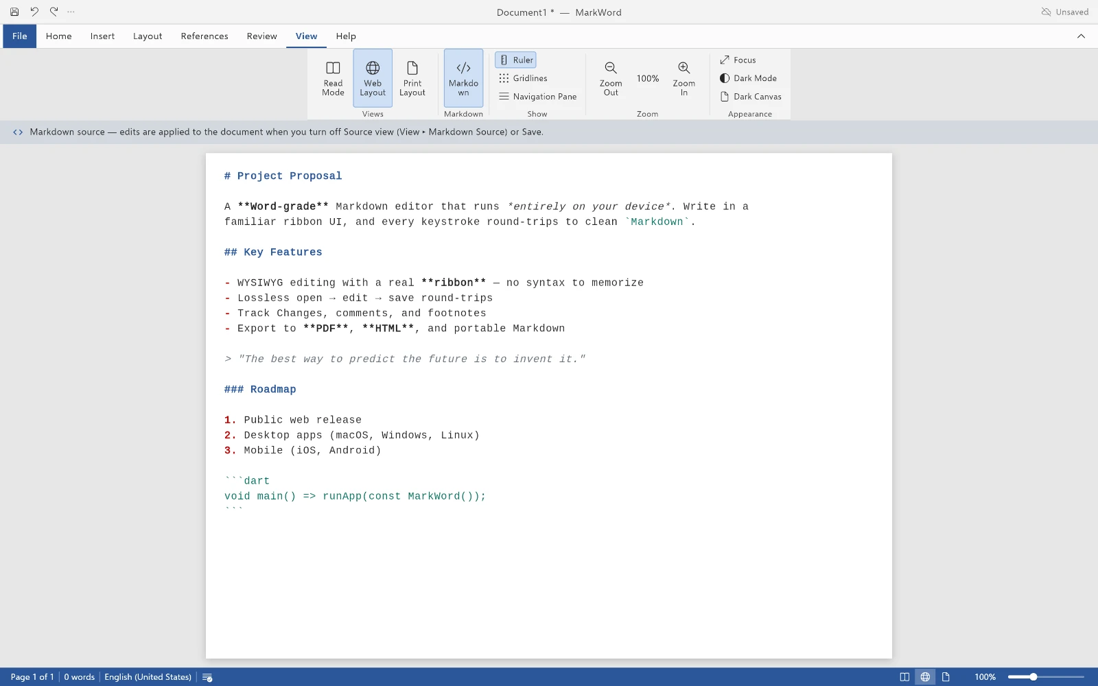 MarkWord's Markdown source view: the same document shown as syntax-highlighted raw Markdown with coloured headings, bold markers, list bullets, a blockquote, a link, and a fenced code block.