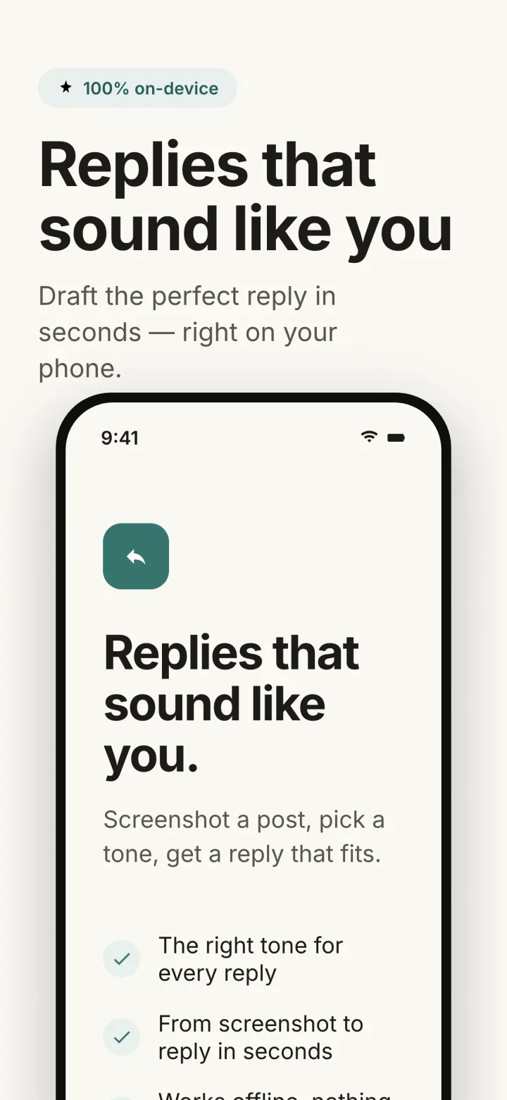 Replora intro screen: replies that sound like you, drafted on your phone from a screenshot