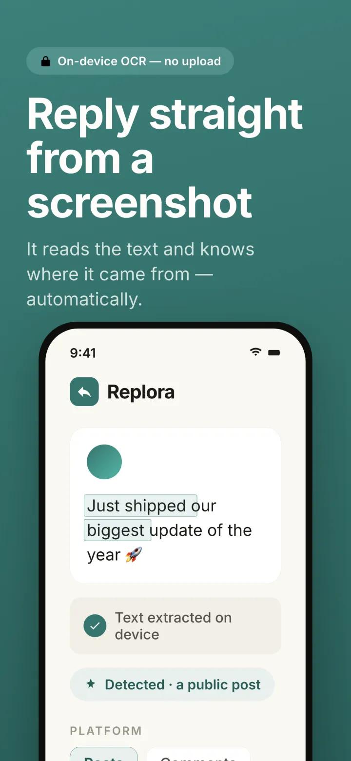 Replora reading a pasted post on device, with the text extracted locally and detected as a public post