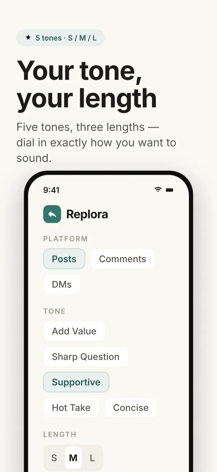 Replora tone and length picker with Add Value, Sharp Question, Supportive, Hot Take, and Concise options