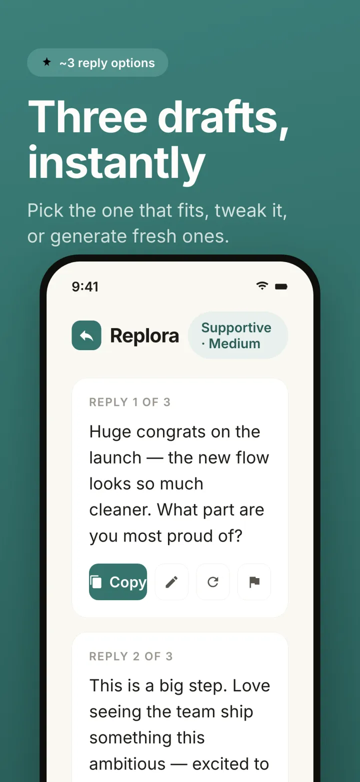 Three Replora reply drafts in a supportive medium tone, each with copy, edit, regenerate, and flag actions