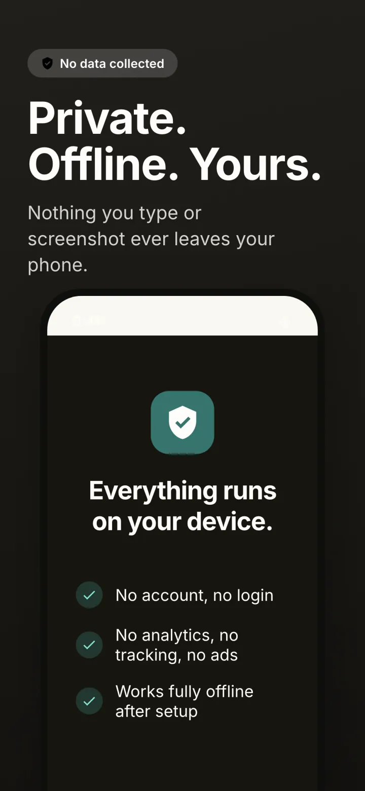 Replora privacy screen: everything runs on your device, no account, no tracking, works fully offline