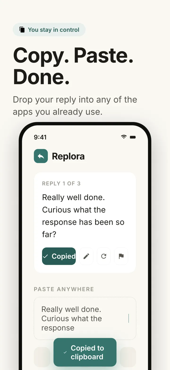 A Replora draft copied to the clipboard, ready to paste into any app