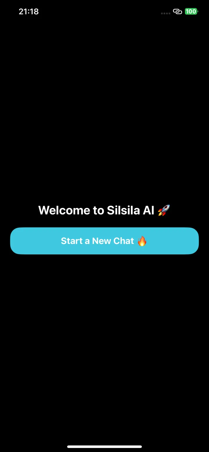 Silsila AI welcome screen with a Start a New Chat button on a dark background
