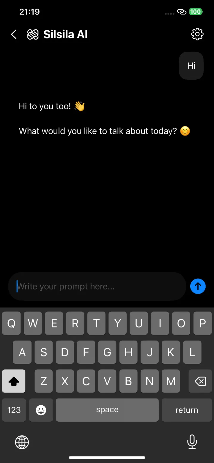 A Silsila AI conversation, the assistant replying to a greeting
