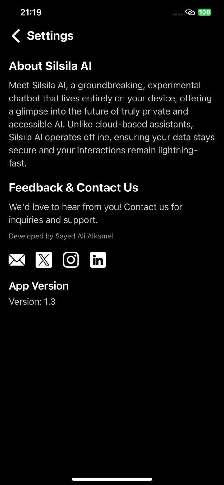 Silsila AI settings screen crediting Sayed Ali Alkamel as the developer