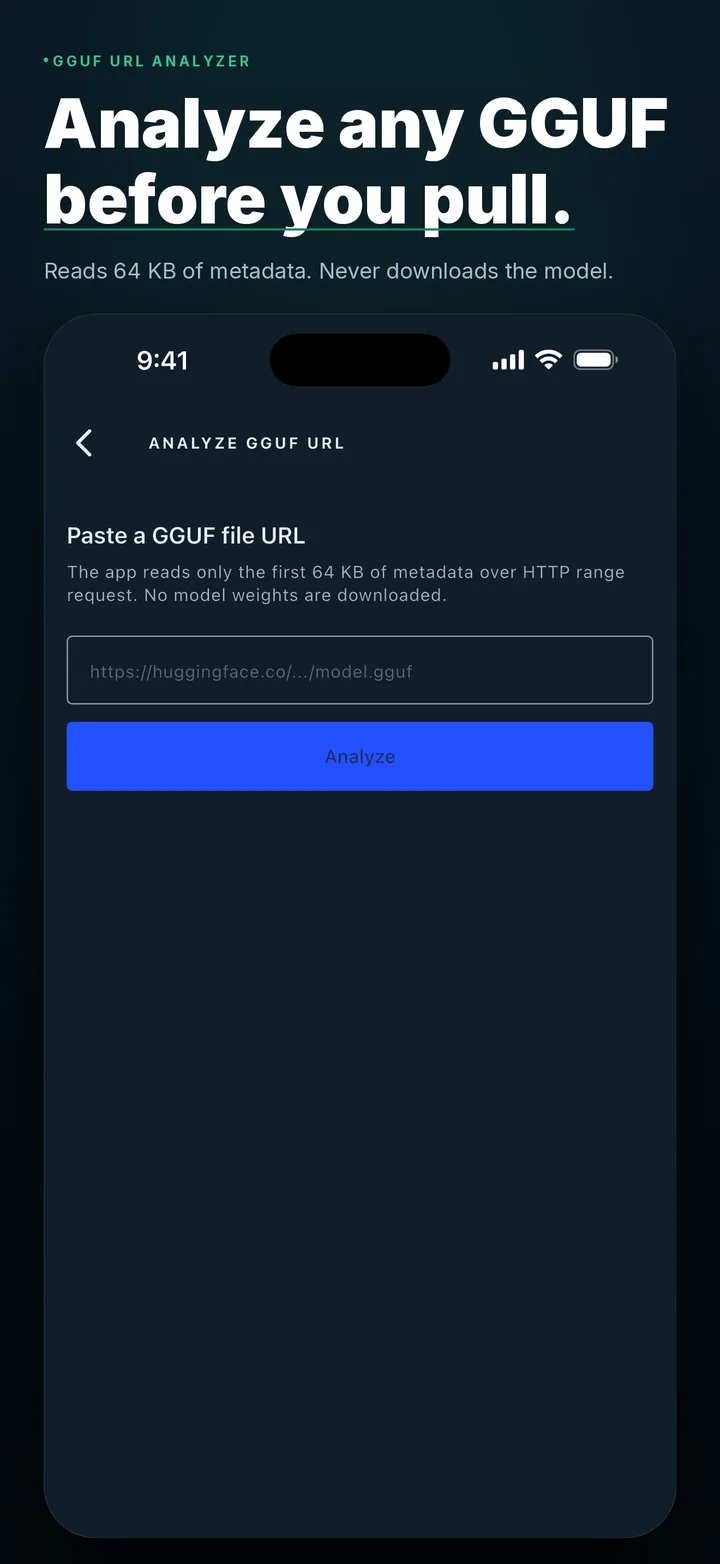 Analyze GGUF URL screen with a paste field and an Analyze button