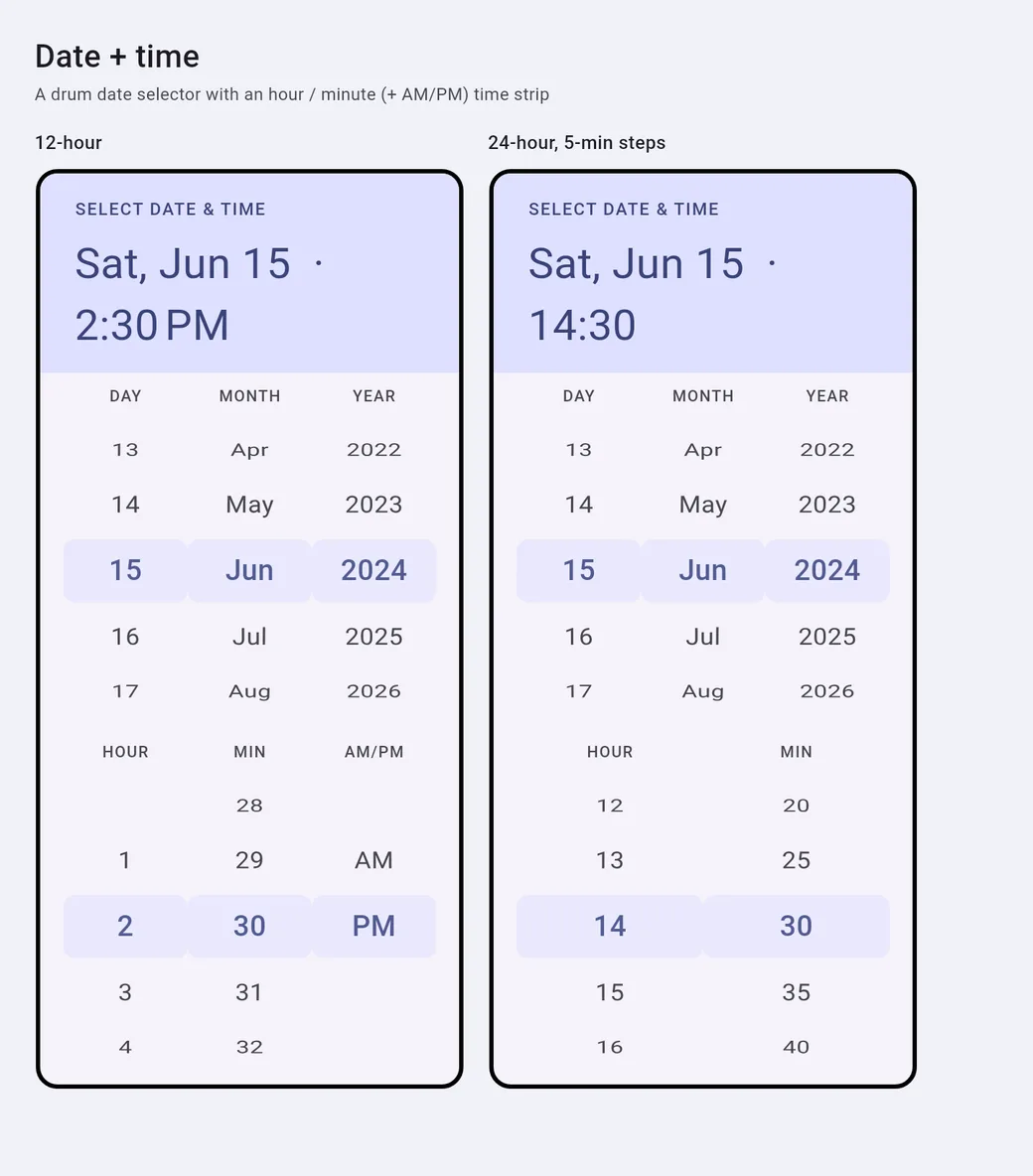The drum picker in date and time mode, in 12-hour and 24-hour layouts
