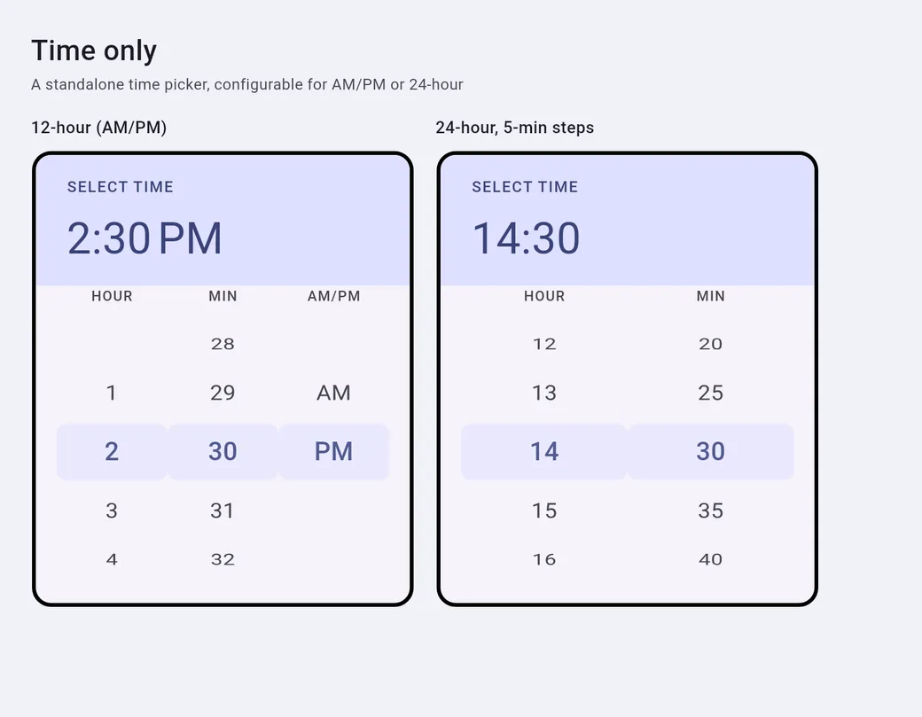 A time picker with hour and minute columns